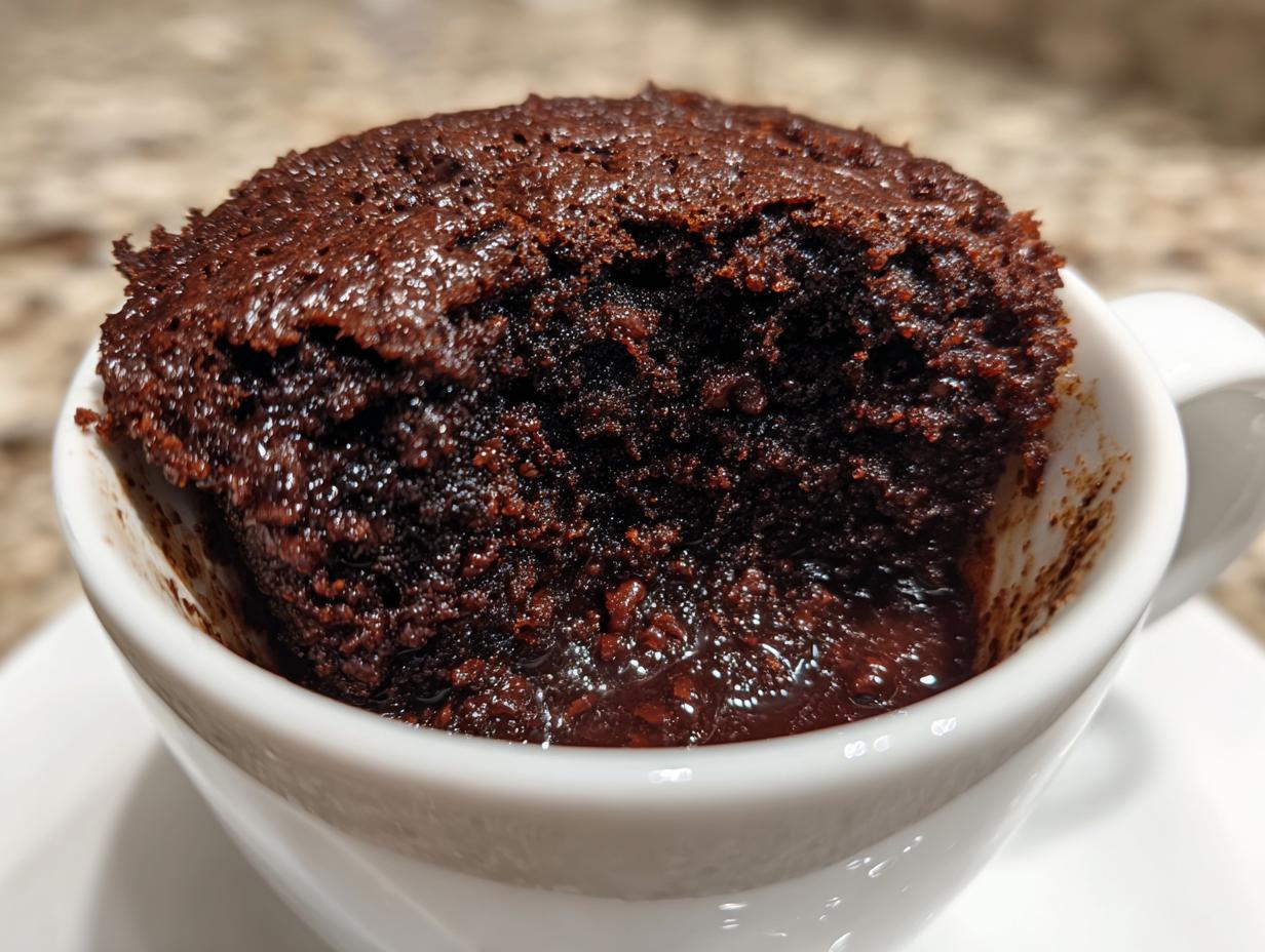 Close-up of a fudgy microwave brownie in a white mug. Perfect single-serve dessert.