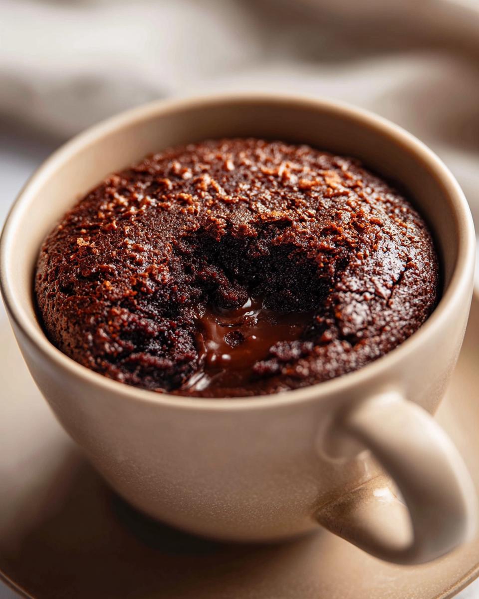 Close-up of a fudgy microwave brownie in a mug, with melted chocolate center.