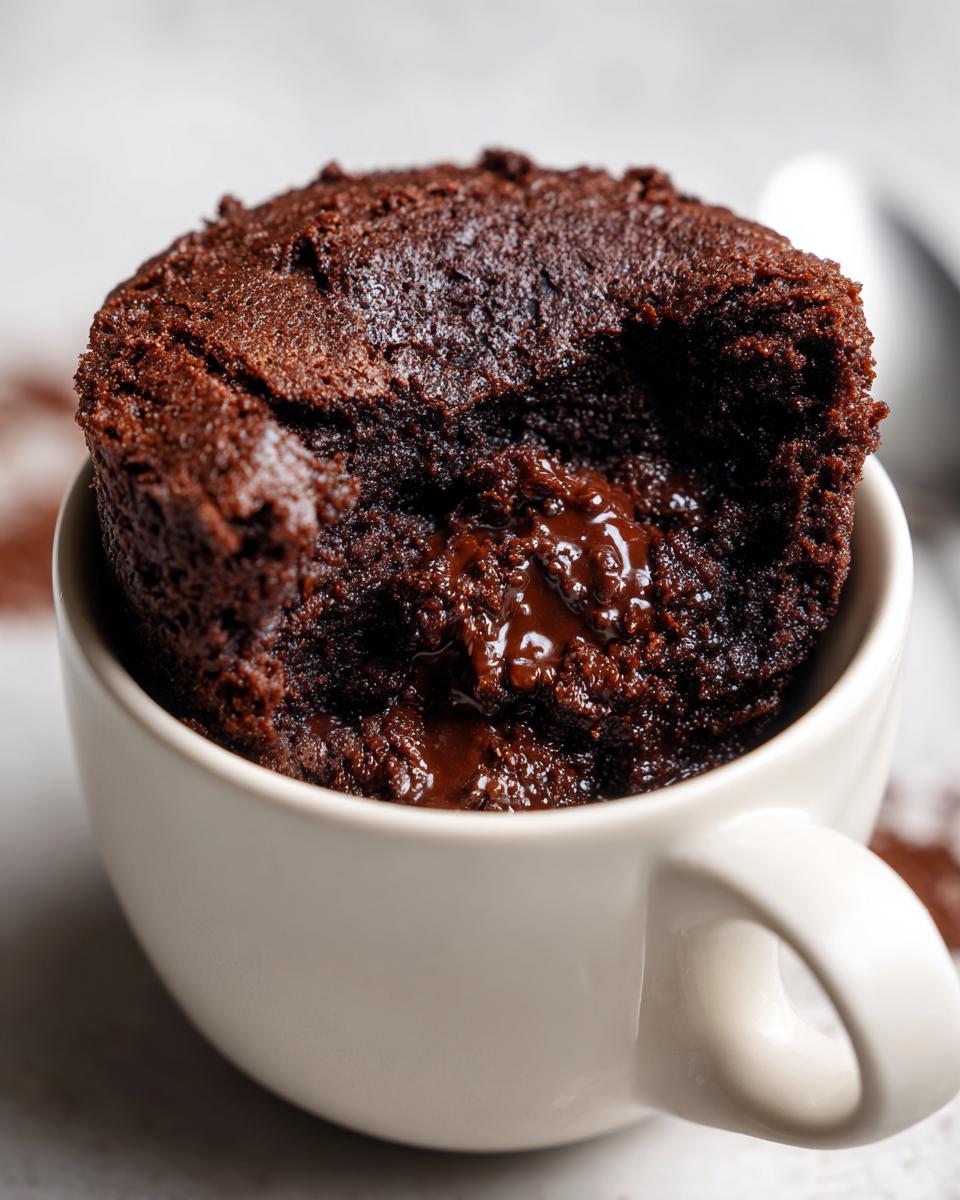 Close-up of a fudgy microwave brownie in a mug with melted chocolate.