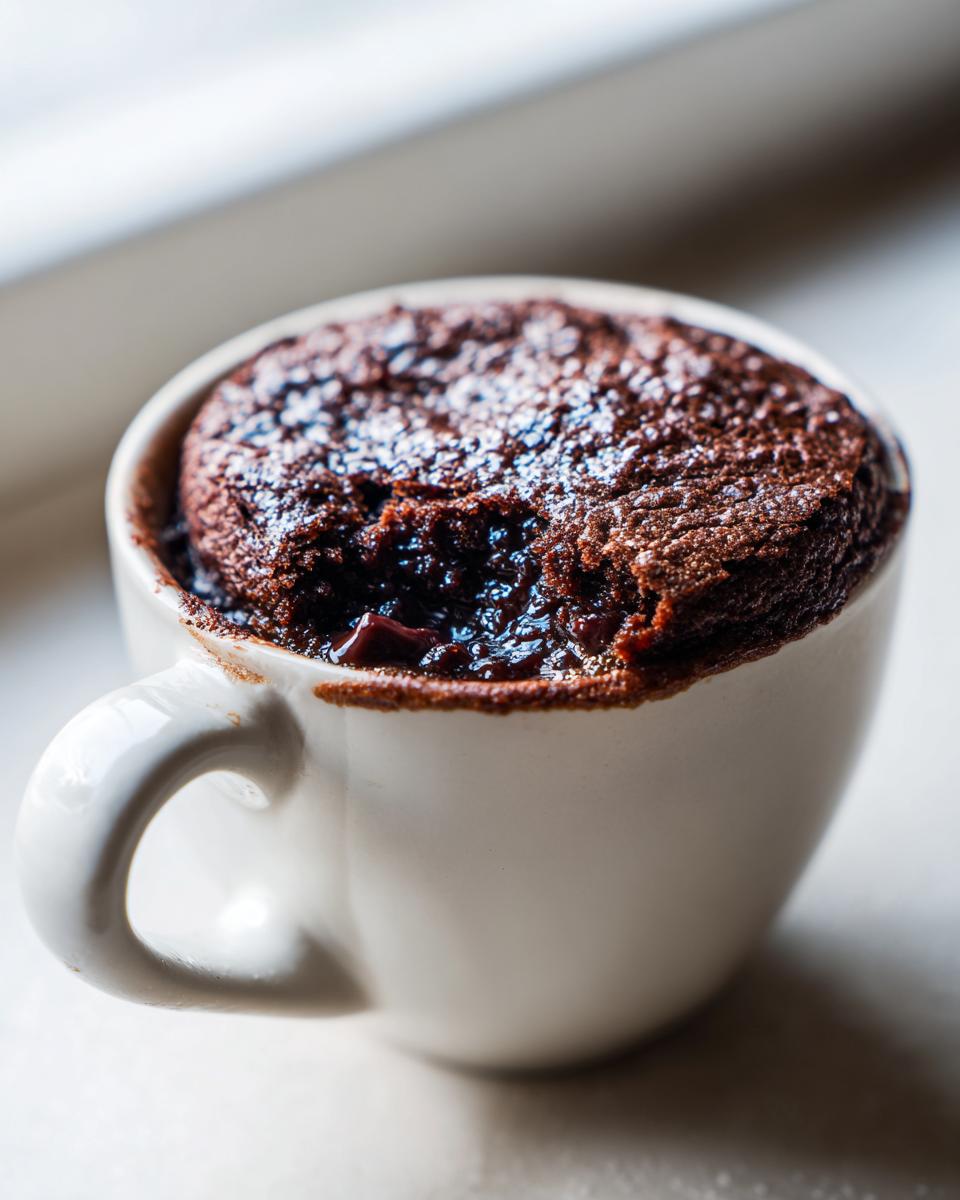Close-up of a fudgy microwave brownie in a white mug, perfect for a quick dessert. This is a fudgy microwave brownie.