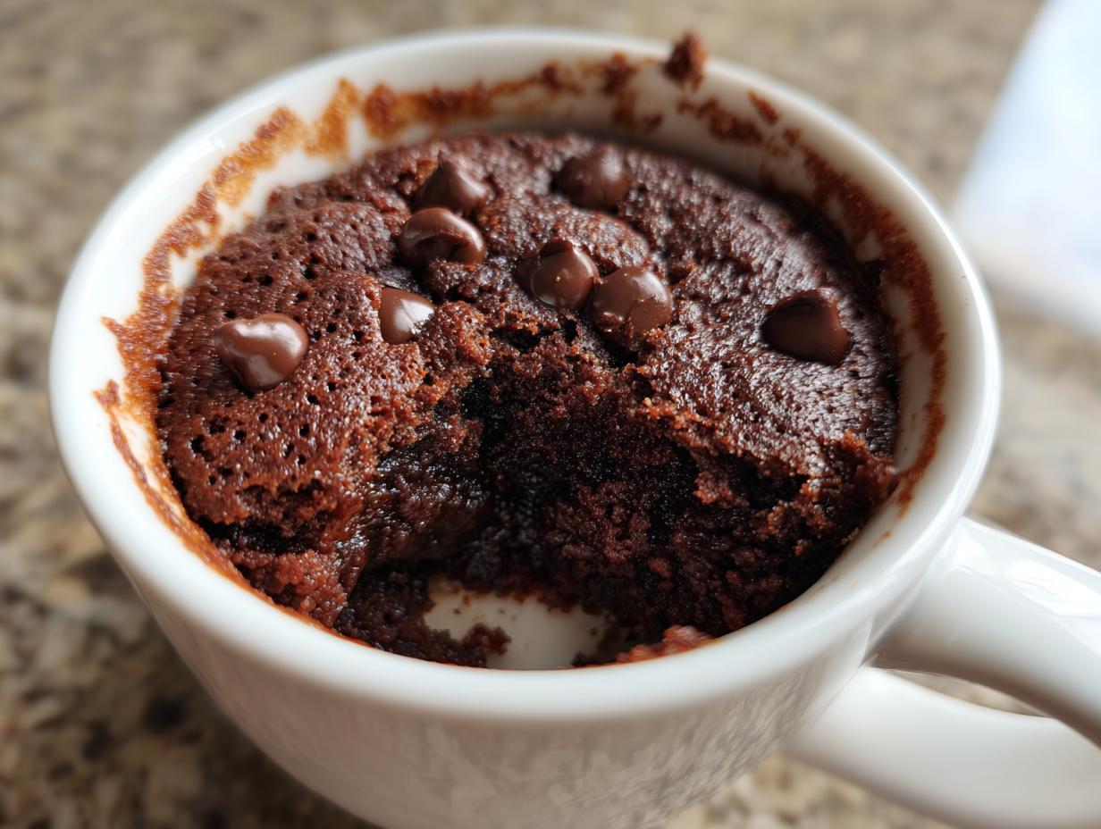 Close-up of a fudgy microwave brownie in a white mug with chocolate chips. This is an Easy Recipe: Make a Fudgy Microwave Brownie.