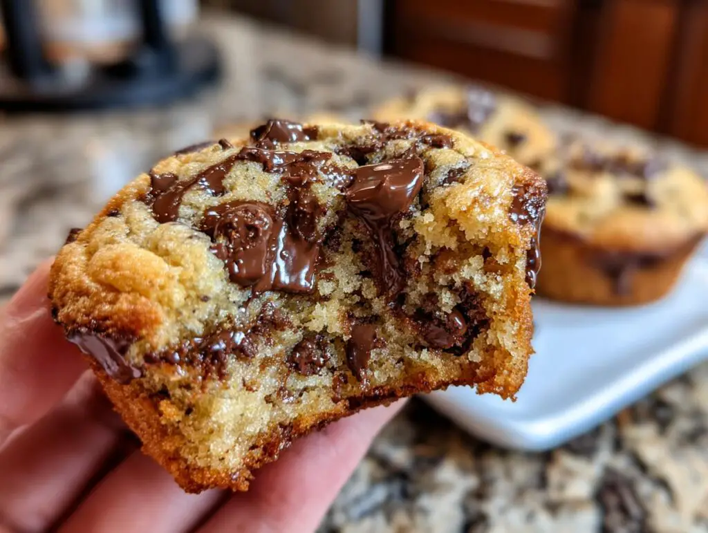 Close-up of a gooey chocolate chip cookie cup, showcasing the texture and chocolate.