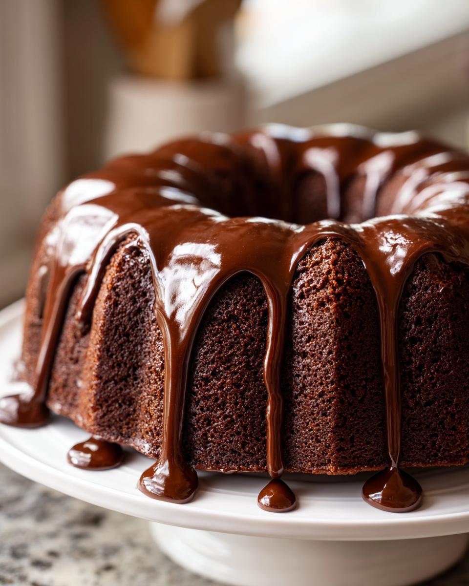 Close-up of a Guinness Chocolate Bundt with chocolate ganache dripping down the sides.