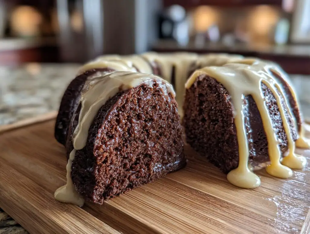 Slice of Guinness Chocolate Bundt cake with Irish Buttercream drip on a wooden board. The perfect dessert!