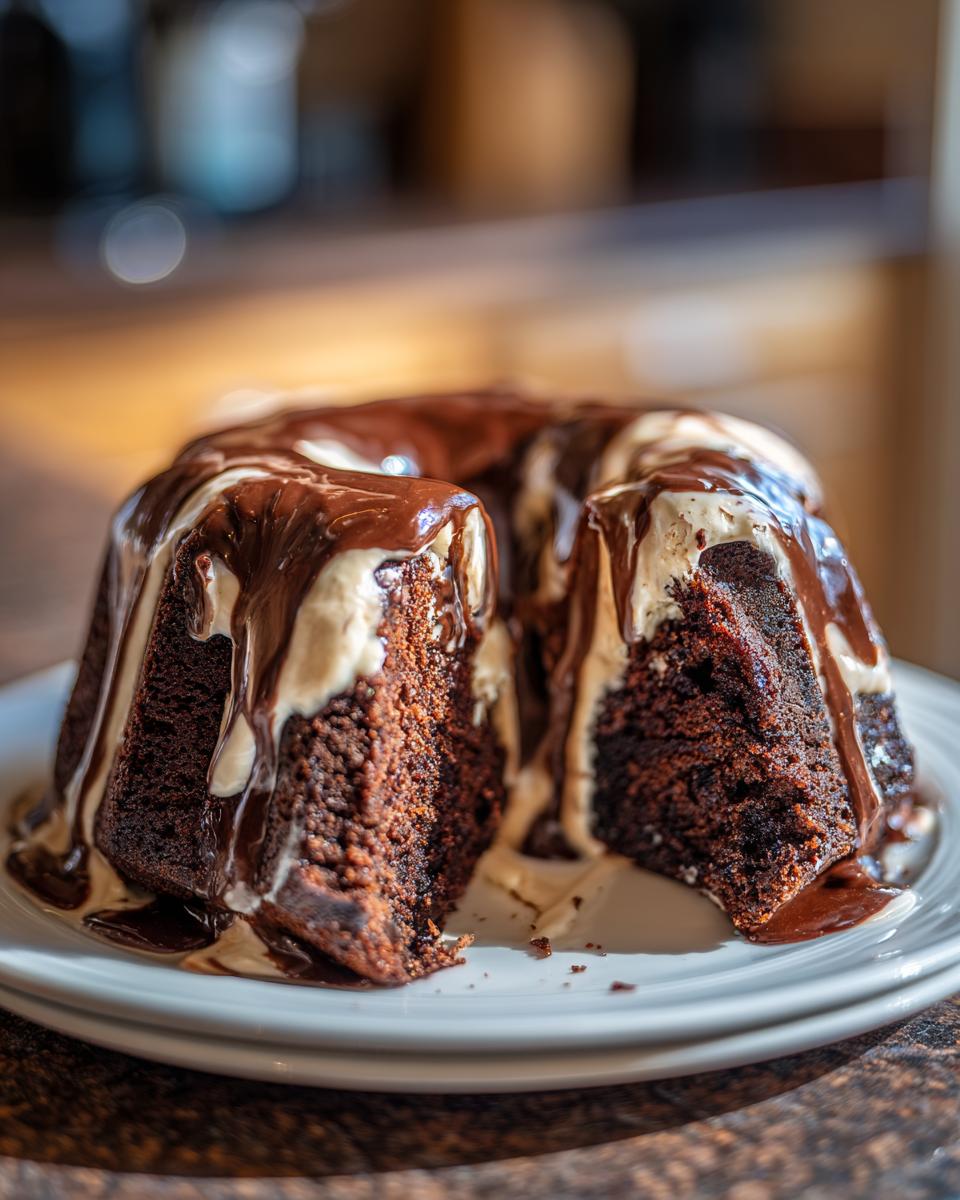 Close-up of a Guinness Chocolate Bundt with Irish Buttercream Drip, showing the moist cake texture.