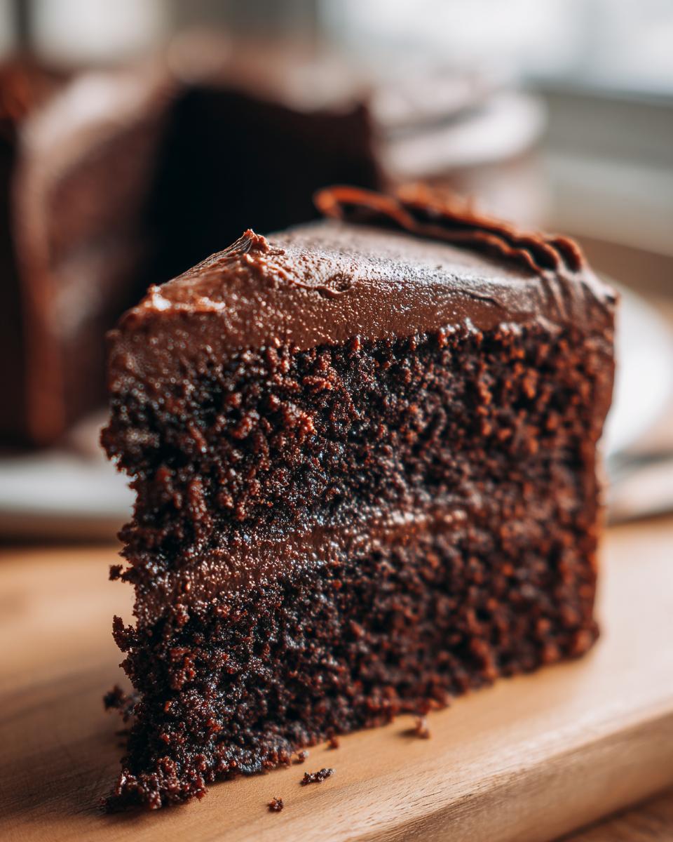 Close-up of a slice of Guinness Chocolate Cake with Irish Buttercream on a wooden board.