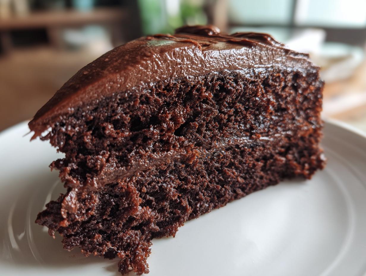 Close-up of a slice of Guinness Chocolate Cake with Irish Buttercream on a white plate.