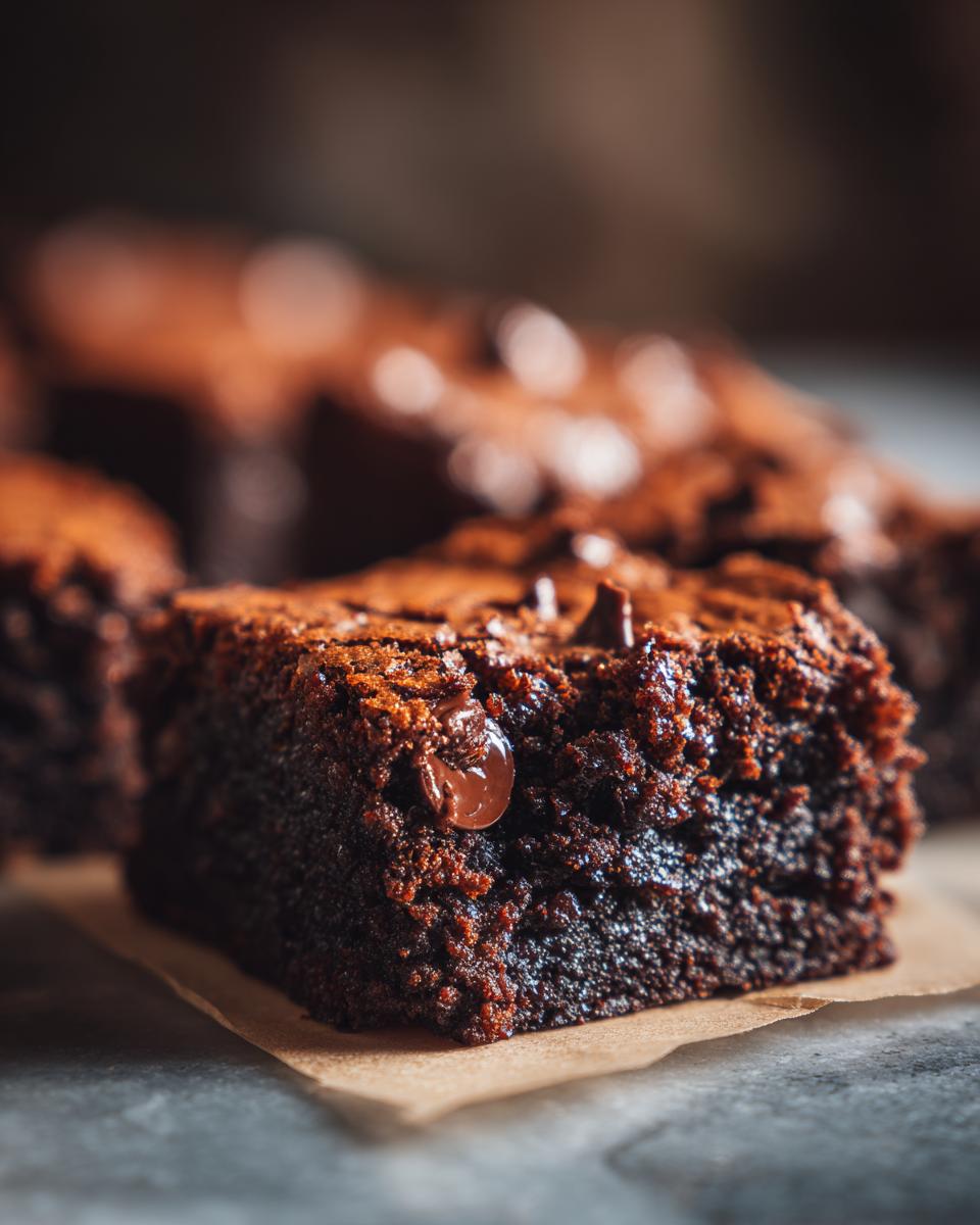 Close-up of a square of a healthy brownie, showing texture and chocolate chips. Perfect for a Healthy Brownie Recipe.