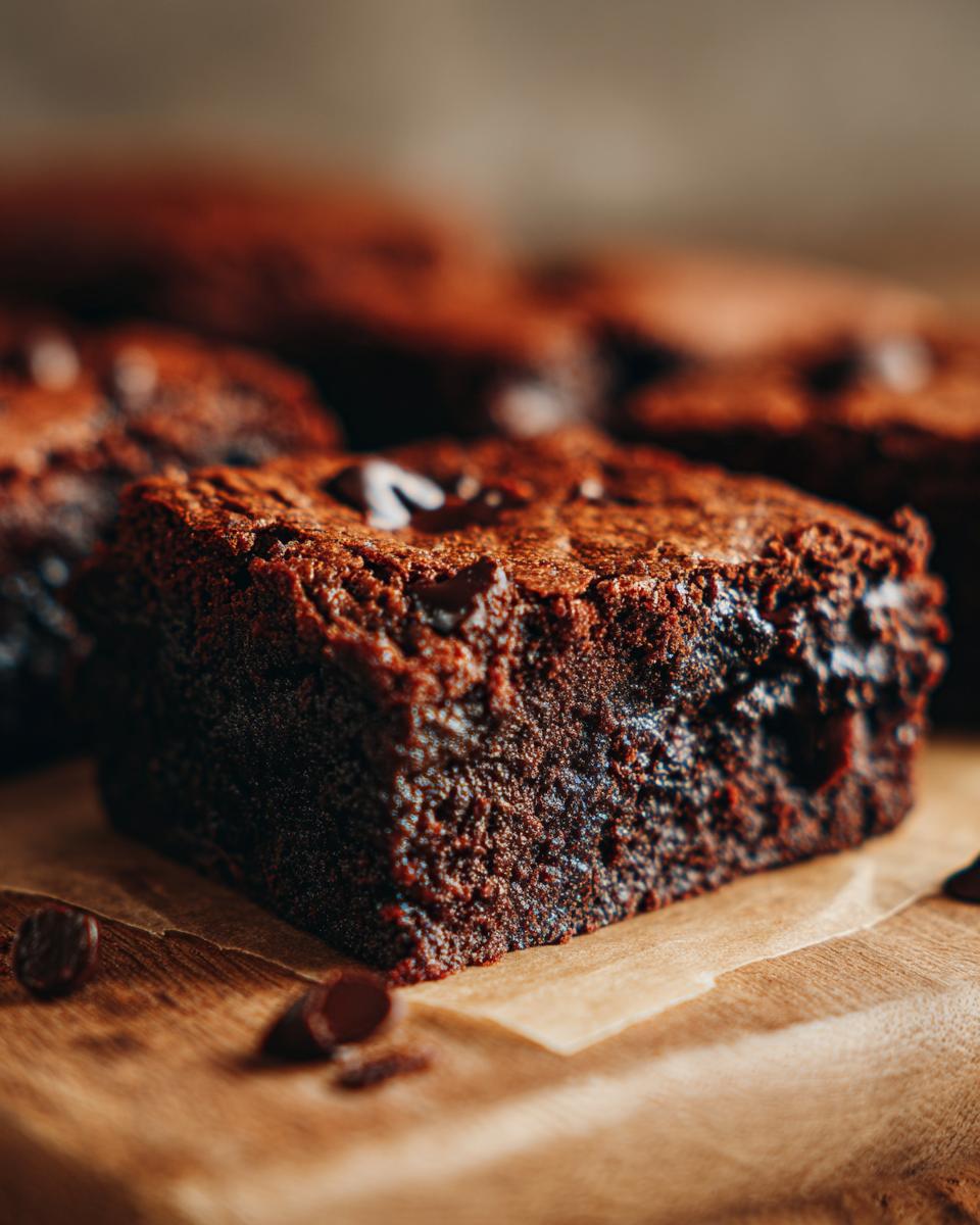 Close-up of a square of a Healthy Brownie with chocolate chips on a wooden surface.