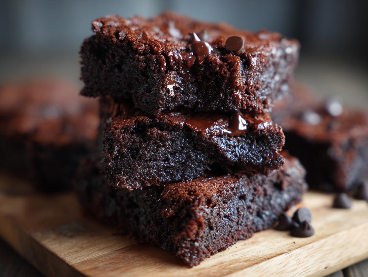 Close-up of a stack of healthy brownie slices, showing a moist, fudgy texture. The image showcases the deliciousness of the healthy brownie recipe.