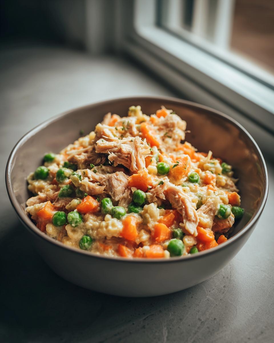 Amazing Healthy Indoor Cat Meal You'll Love 9 Close-up of a bowl of Healthy Indoor Cat Meal with chicken, peas, and carrots.