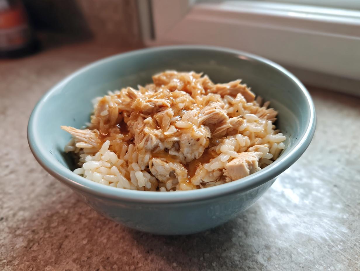 Amazing High-Calorie Cat Recovery Meal 6 A bowl of High-Calorie Cat Recovery Meal, including rice and chicken, ready for a cat to eat.
