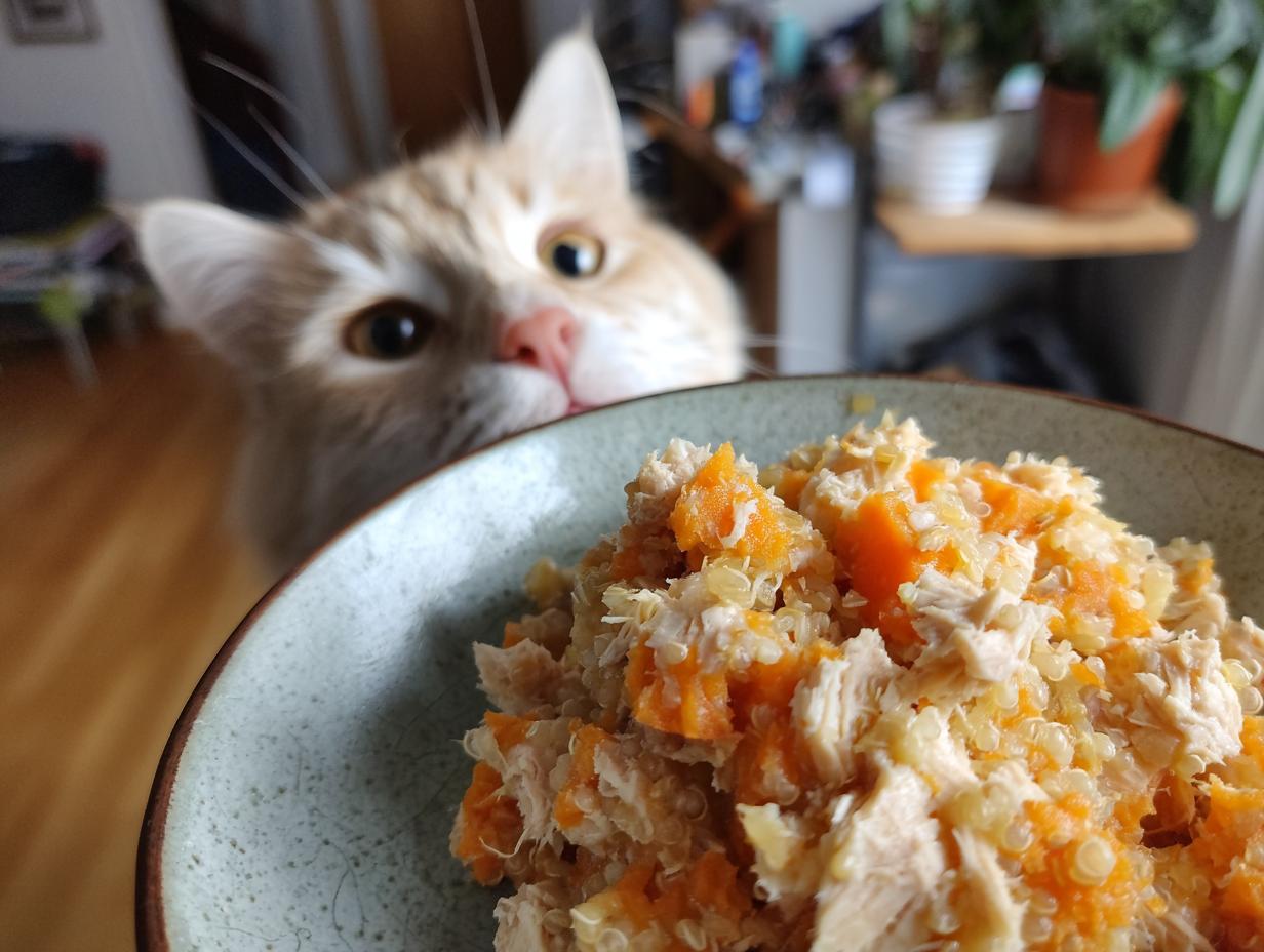 Delicious High-Protein Senior Cat Meal: 1 Recipe 6 A cat looking intently at a bowl of High-Protein Senior Cat Meal, ready to eat.