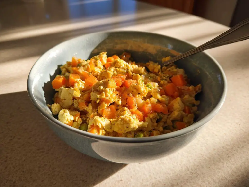 A bowl of homemade High-Protein Turkey Cat Food with carrots and other vegetables.
