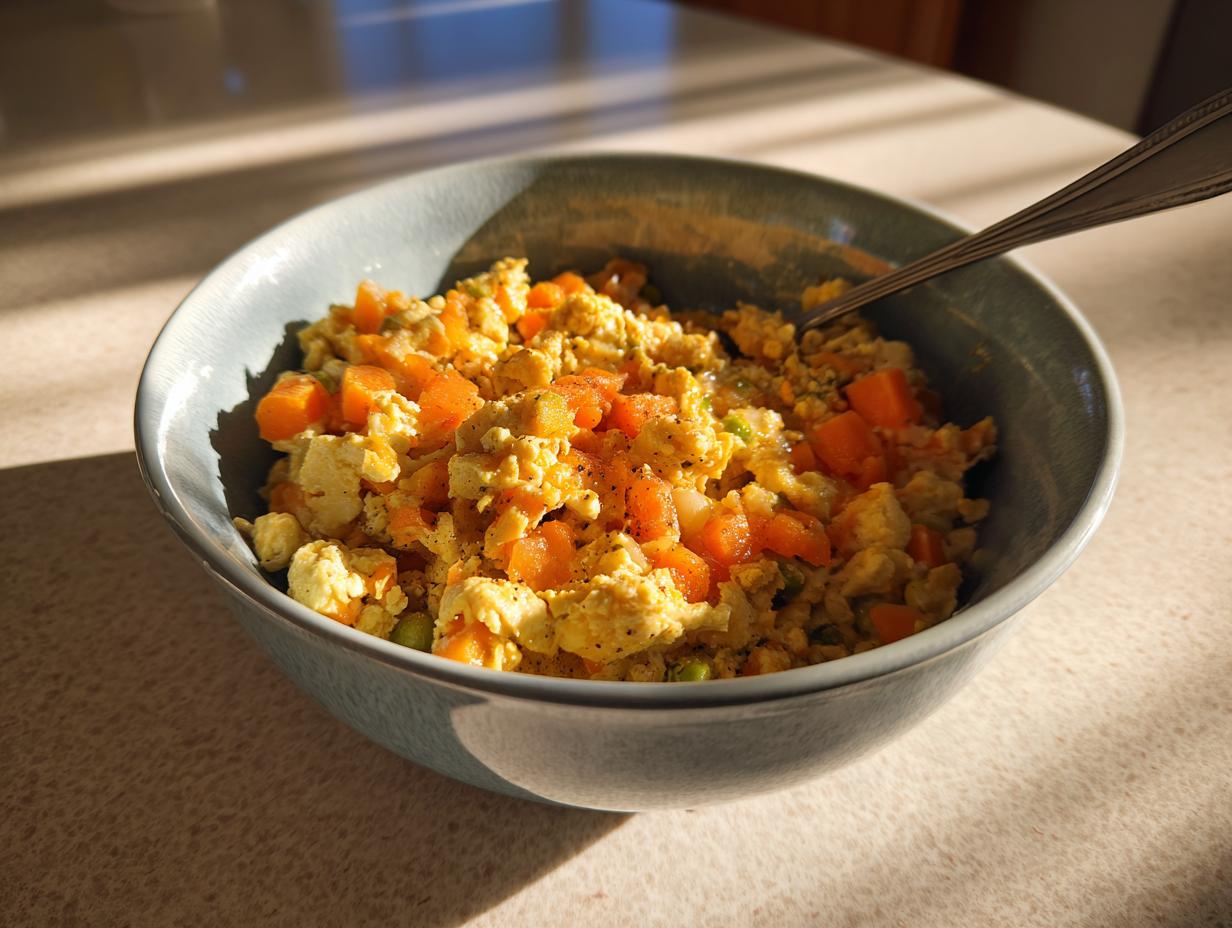 Amazing High-Protein Turkey Cat Food: 1 Hearty Meal 6 A bowl of homemade High-Protein Turkey Cat Food with carrots and other vegetables.