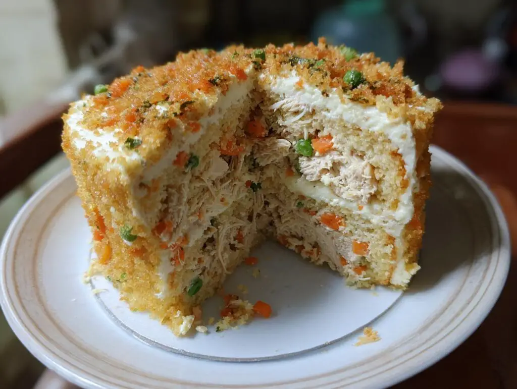 A slice of a Homemade Cat Birthday Cake, showing layers of chicken and vegetables.
