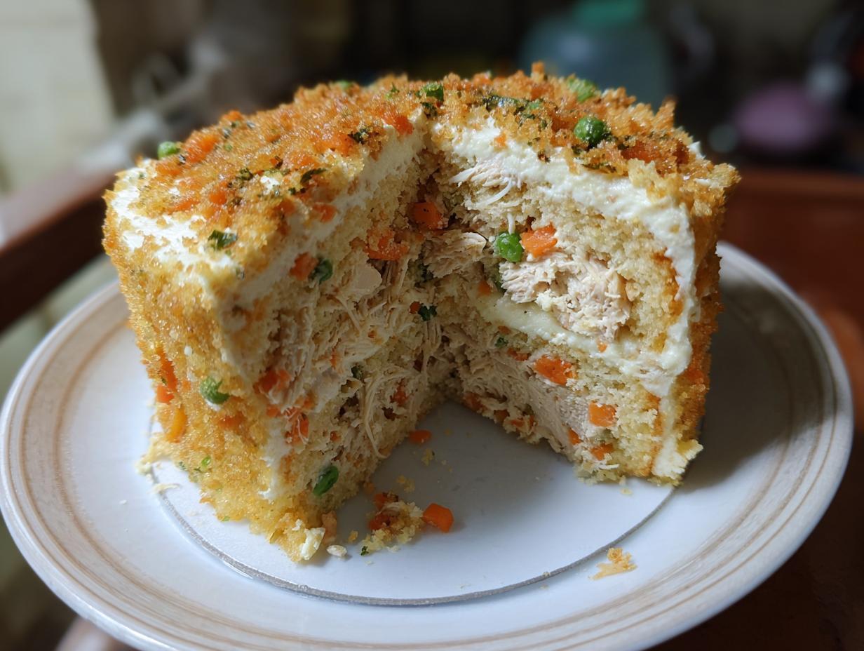 Amazing Homemade Cat Birthday Cake in 15 Mins 6 A slice of a Homemade Cat Birthday Cake, showing layers of chicken and vegetables.