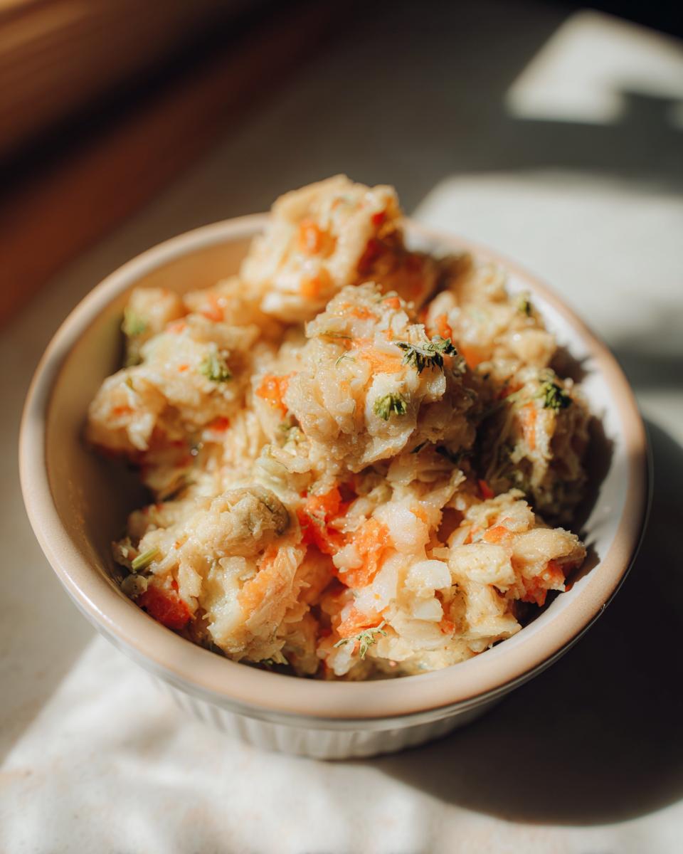 Close-up of a bowl of Budget Homemade Cat Food, showing visible ingredients.