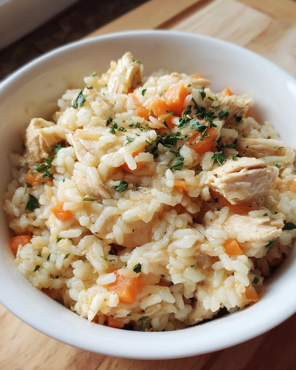 Close-up of a bowl of homemade cat food with chicken, rice, and carrots. The image is for budget homemade cat food.