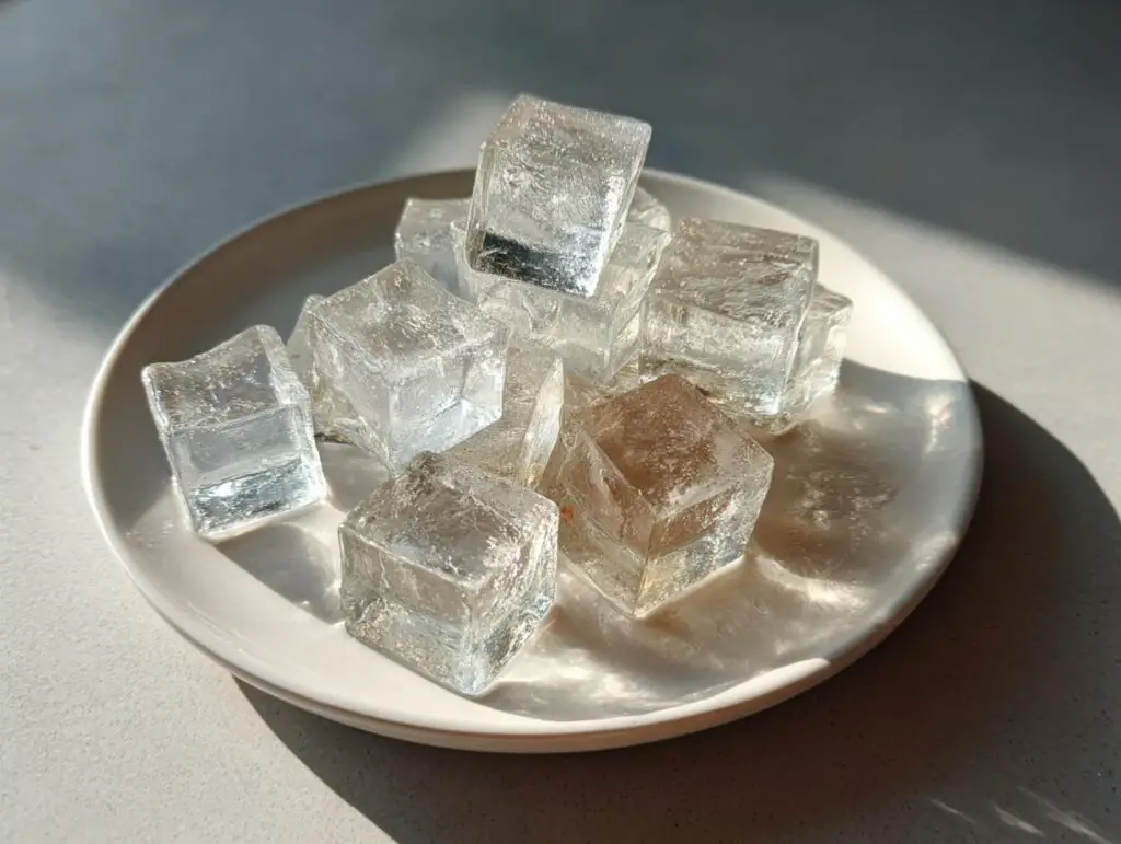 Close-up of clear ice cubes on a white plate, perfect for Homemade Cat Ice Treats.