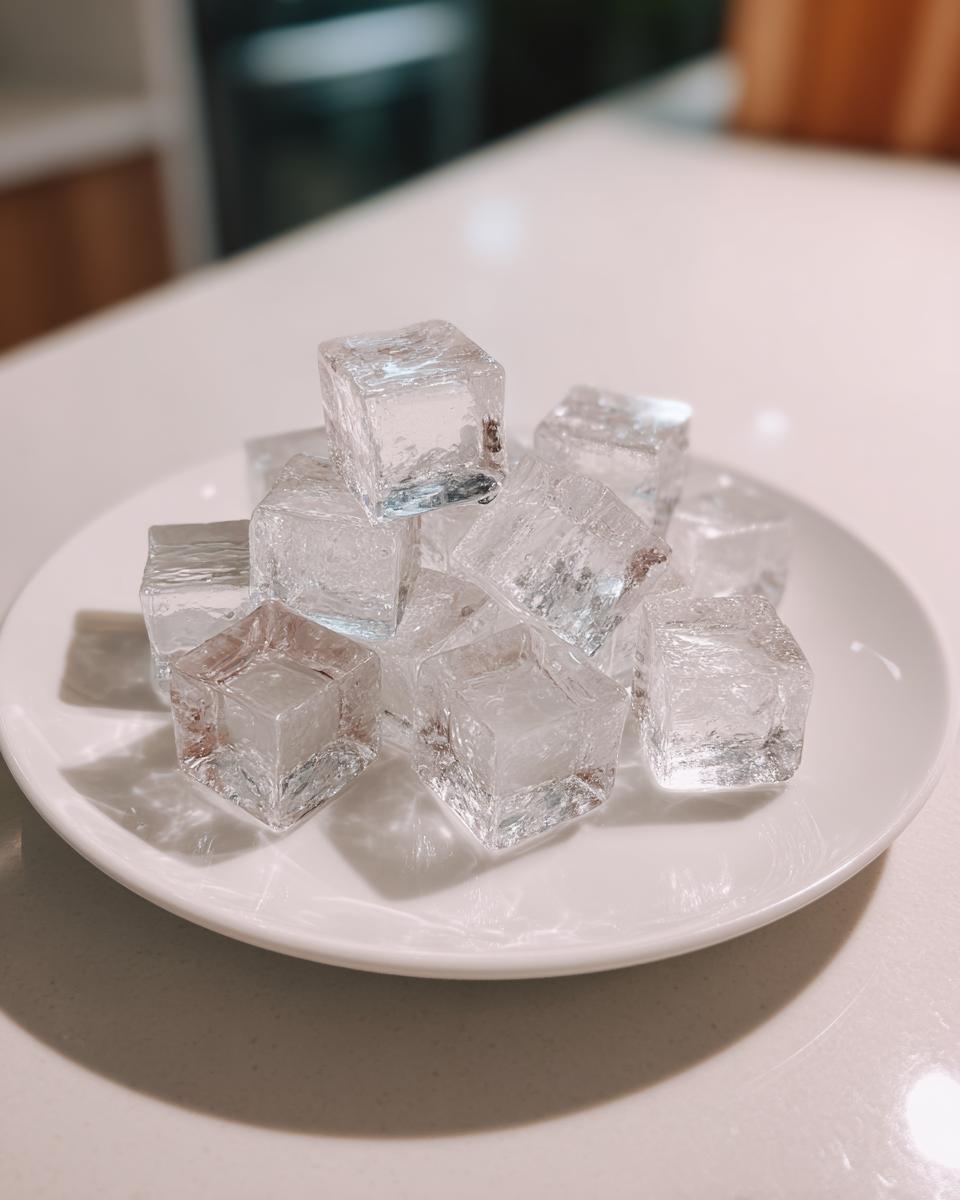 Amazing Homemade Cat Ice Treats: 12 Cool Licks 9 Pile of clear ice cubes on a white plate, perfect for making Homemade Cat Ice Treats.
