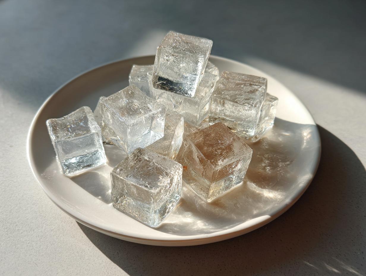 Amazing Homemade Cat Ice Treats: 12 Cool Licks 6 Close-up of clear ice cubes on a white plate, perfect for Homemade Cat Ice Treats.
