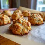 Close-up of freshly baked Homemade Salmon Cat Biscuits on parchment paper.
