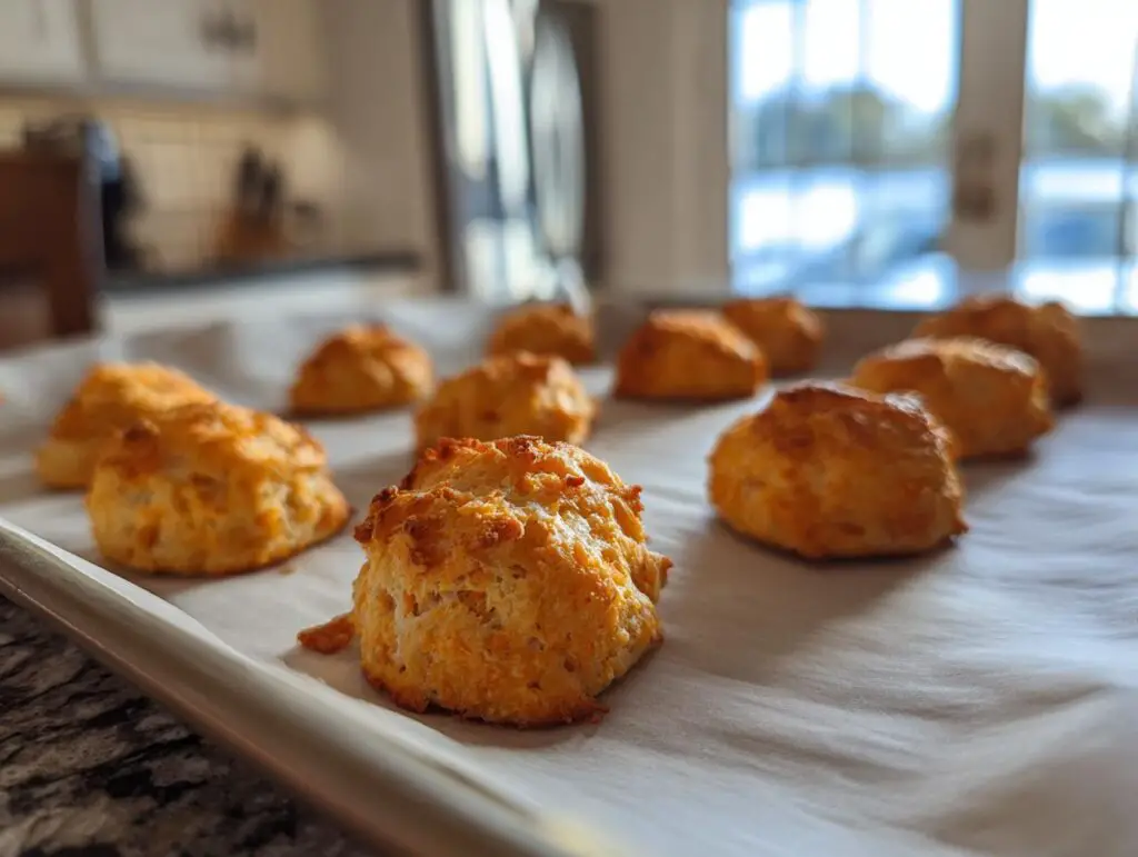 Close-up of freshly baked Homemade Salmon Cat Biscuits on a baking sheet, ready to be enjoyed.
