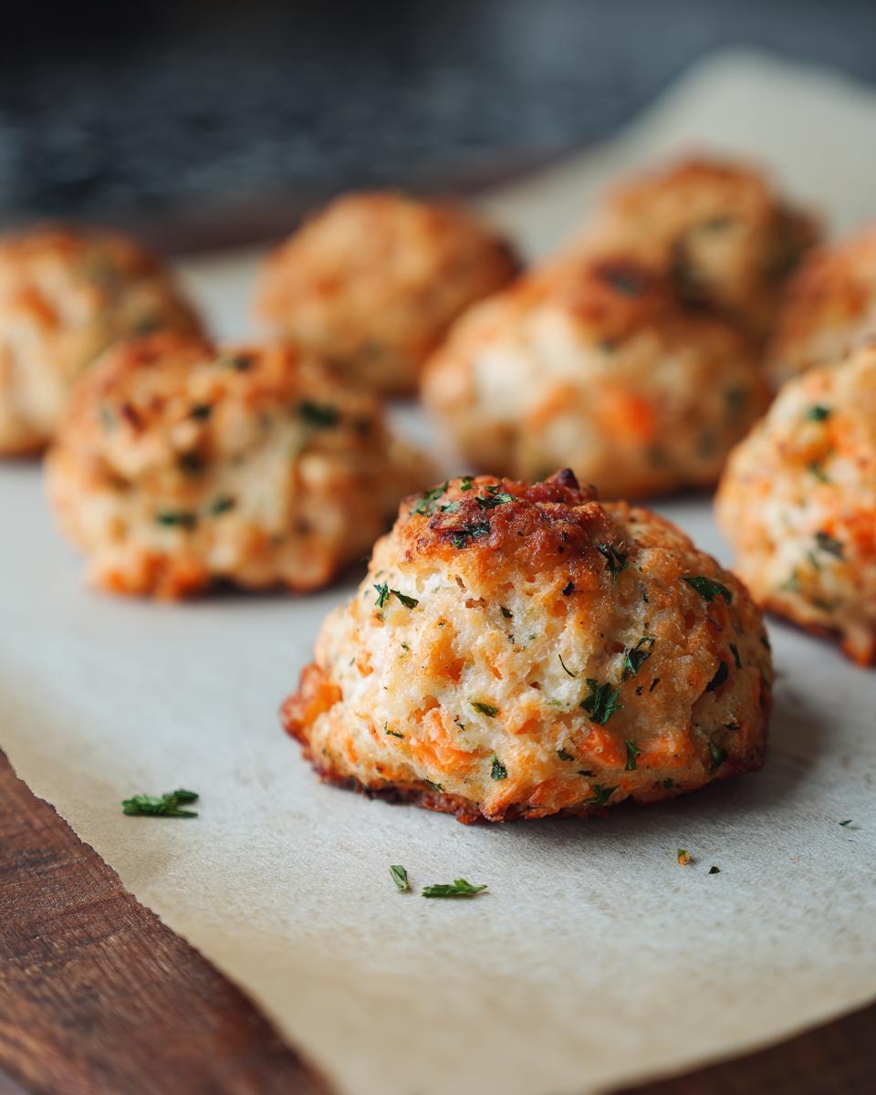 Close-up of freshly baked Homemade Salmon Cat Biscuits on parchment paper, showing texture and herbs.