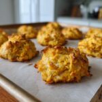 Close-up of freshly baked hypoallergenic cat treats on a baking sheet, ready to be enjoyed.