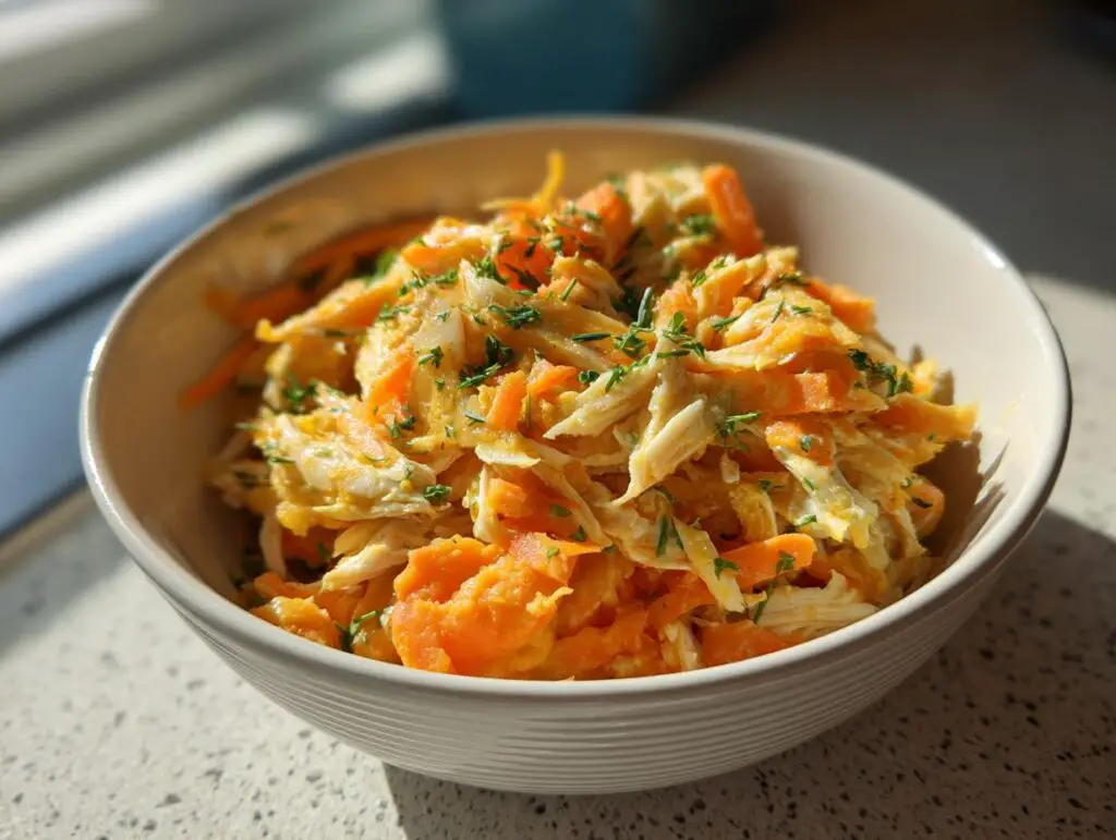 A bowl of a homemade Indoor Cat Weight Control Meal with shredded chicken and carrots.