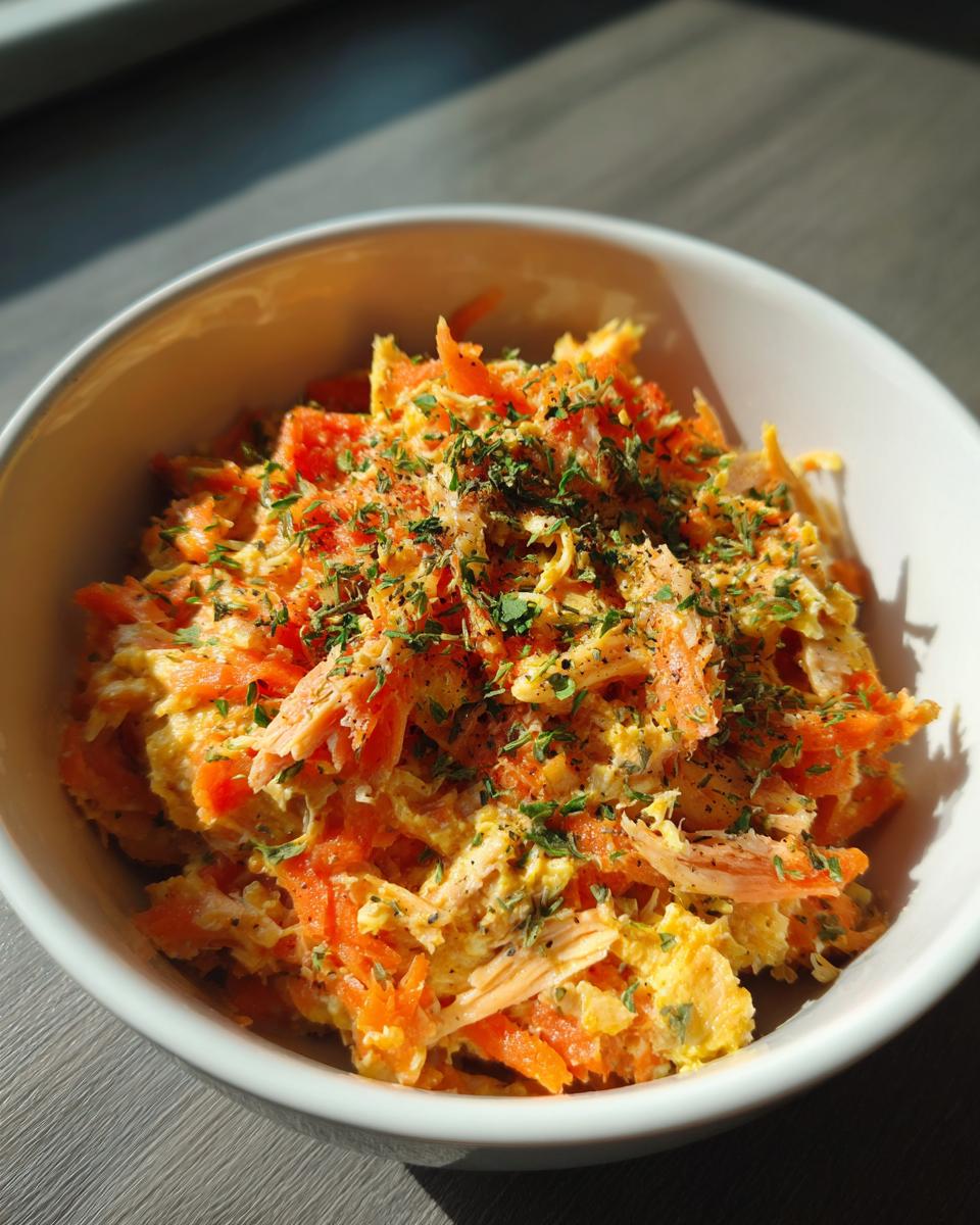 Close-up of a bowl of Indoor Cat Weight Control Meal with carrots, chicken, and herbs.