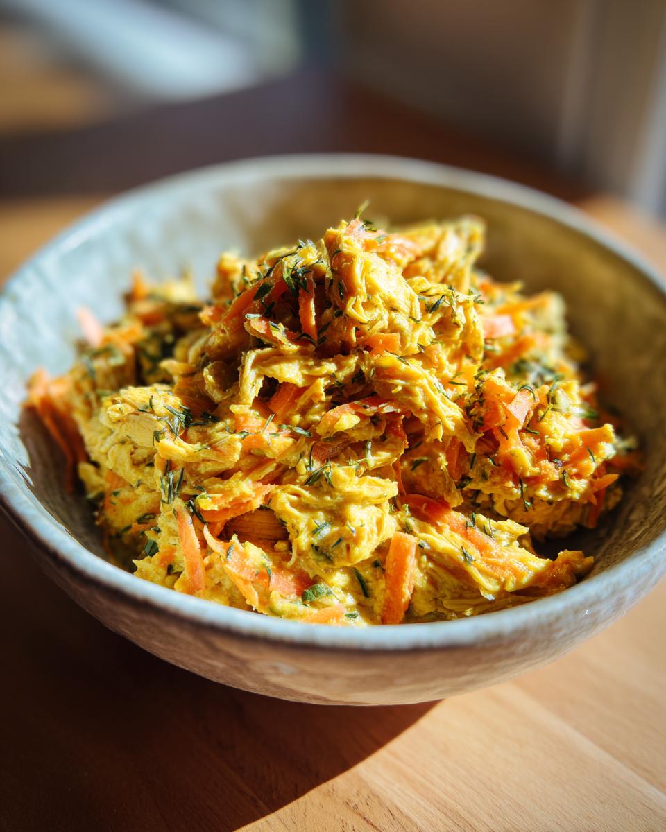 Close-up of a bowl filled with an Indoor Cat Weight Control Meal, including shredded chicken and carrots.