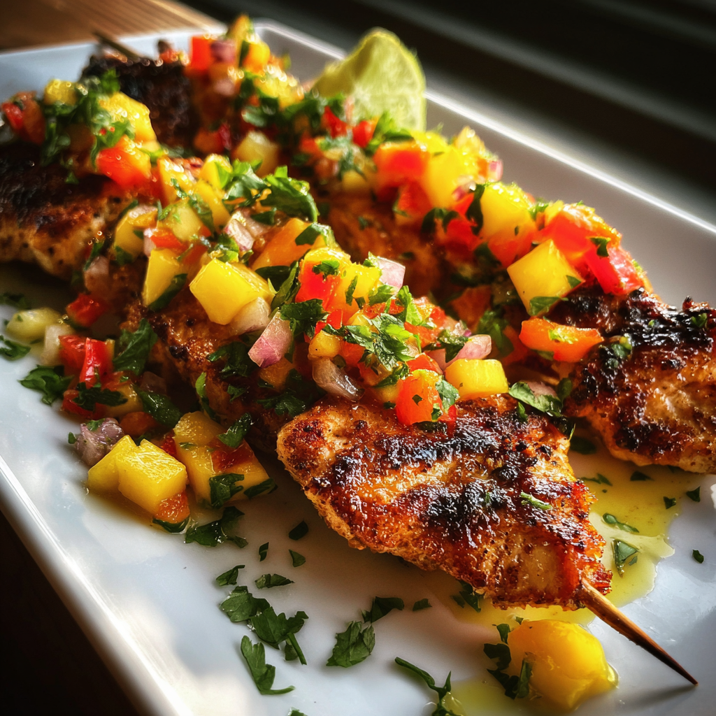 Chili Lime Chicken Skewers with Mango Salsa