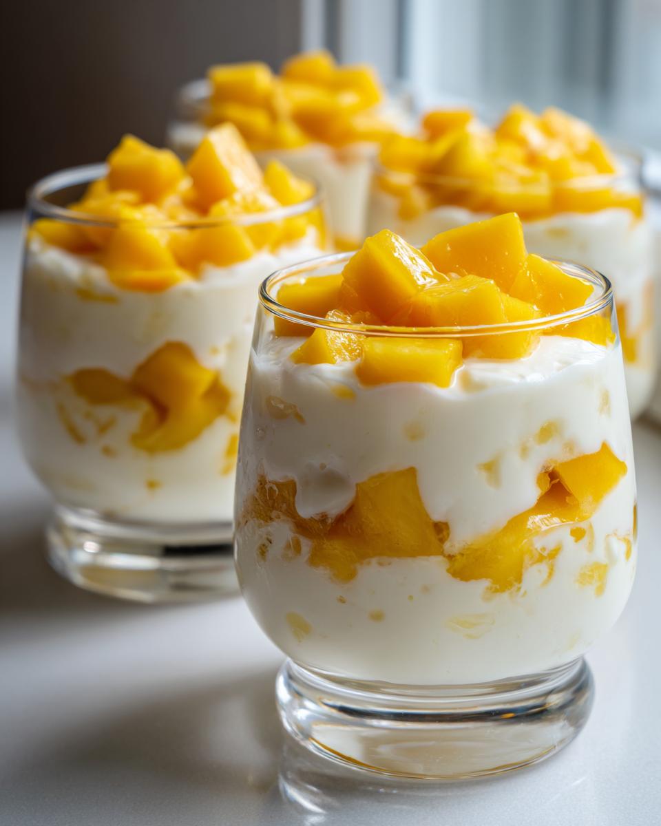 Close-up of Mango Coconut Pudding Parfait layered with fresh mango and coconut pudding in glass cups.
