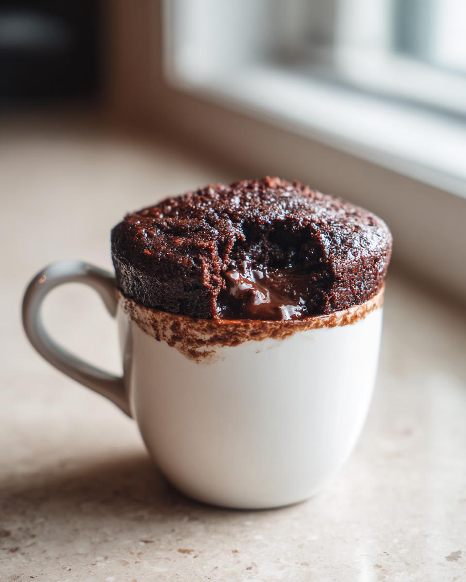 Close-up of a fudgy microwave brownie in a mug, with a bite taken out, showing the gooey chocolate center.