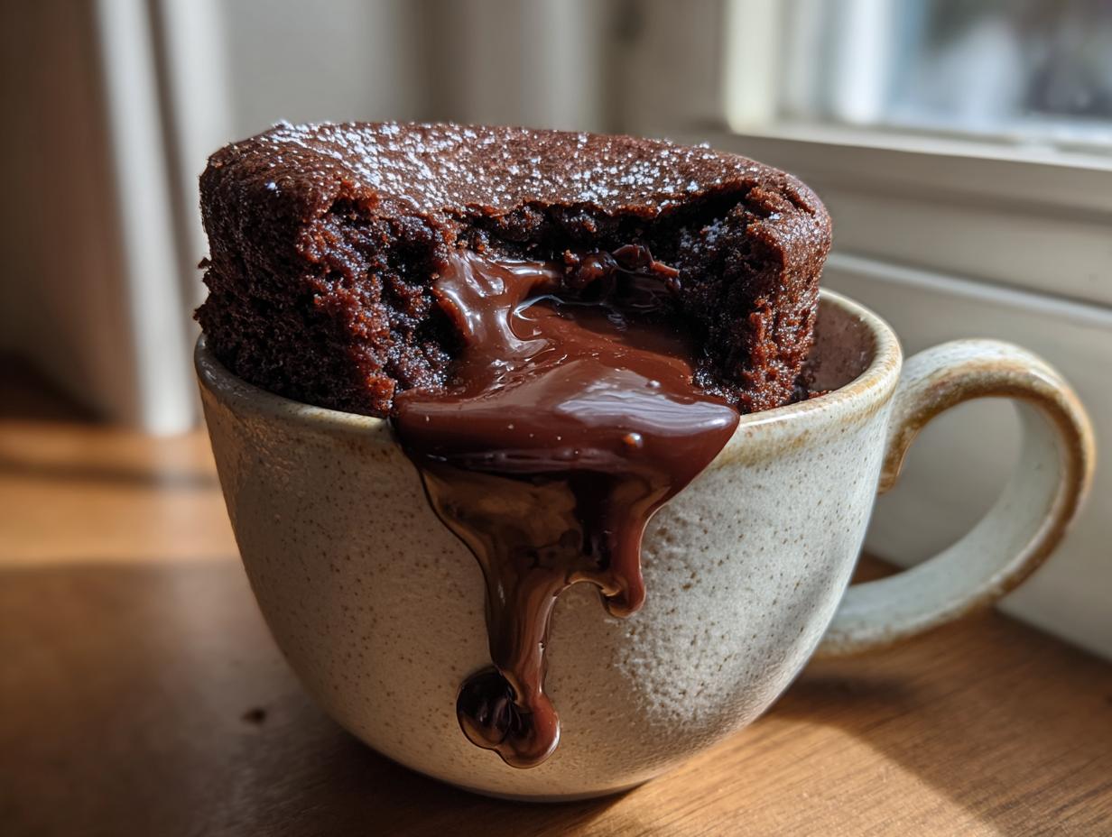 Close-up of a Decadent Microwave Chocolate Lava Mug Cake with molten chocolate oozing out.