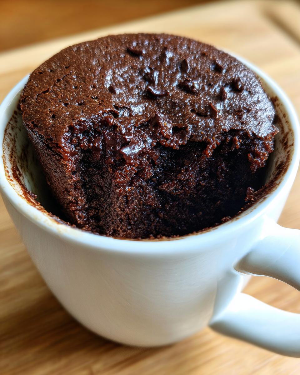 Close-up of a Microwave Fudgy Brownie for One in a white mug, showing a bite taken out.