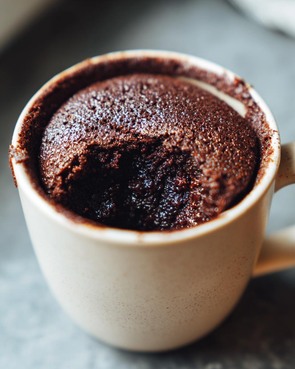 Close-up of a Microwave Fudgy Brownie for One in a mug, with a bite taken out.