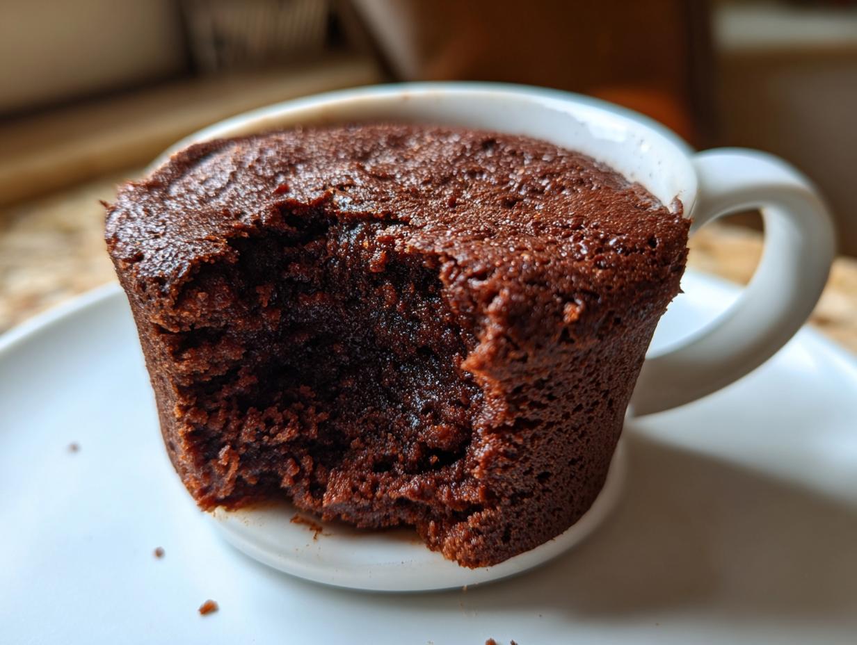 Close-up of a Microwave Fudgy Brownie for One in a white mug, with a bite taken out.