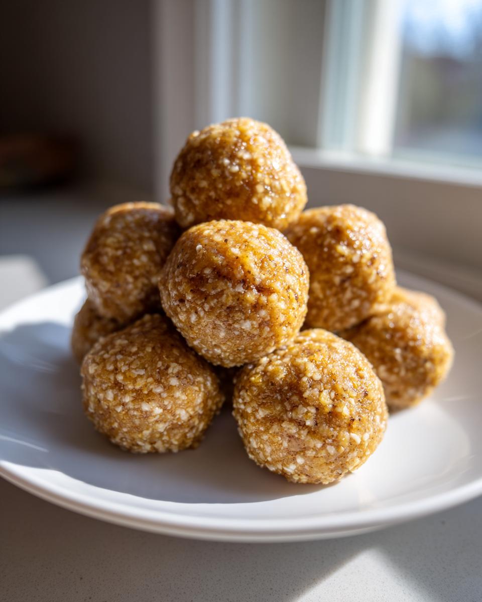 Close-up of a stack of No-Bake Cat Treat Balls on a white plate, ready to be enjoyed.