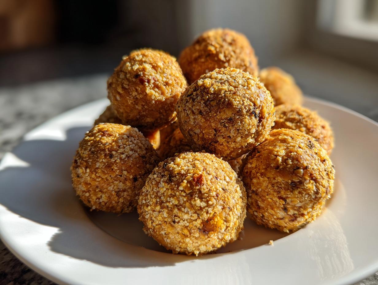 Close-up of a pile of homemade No-Bake Cat Treat Balls on a white plate.