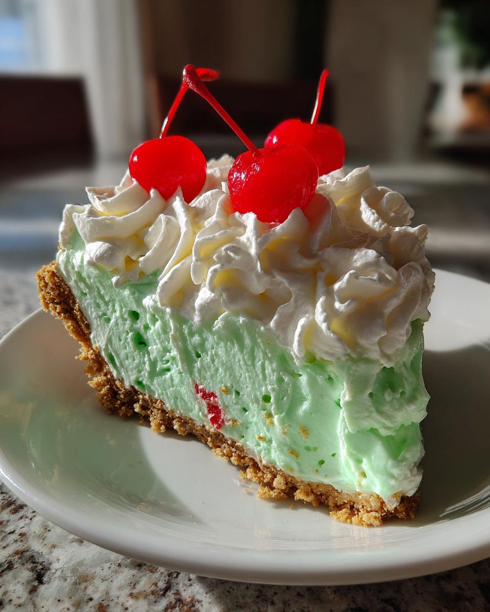 A slice of No-Bake Shamrock Shake Icebox Pie on a white plate, topped with whipped cream and cherries.