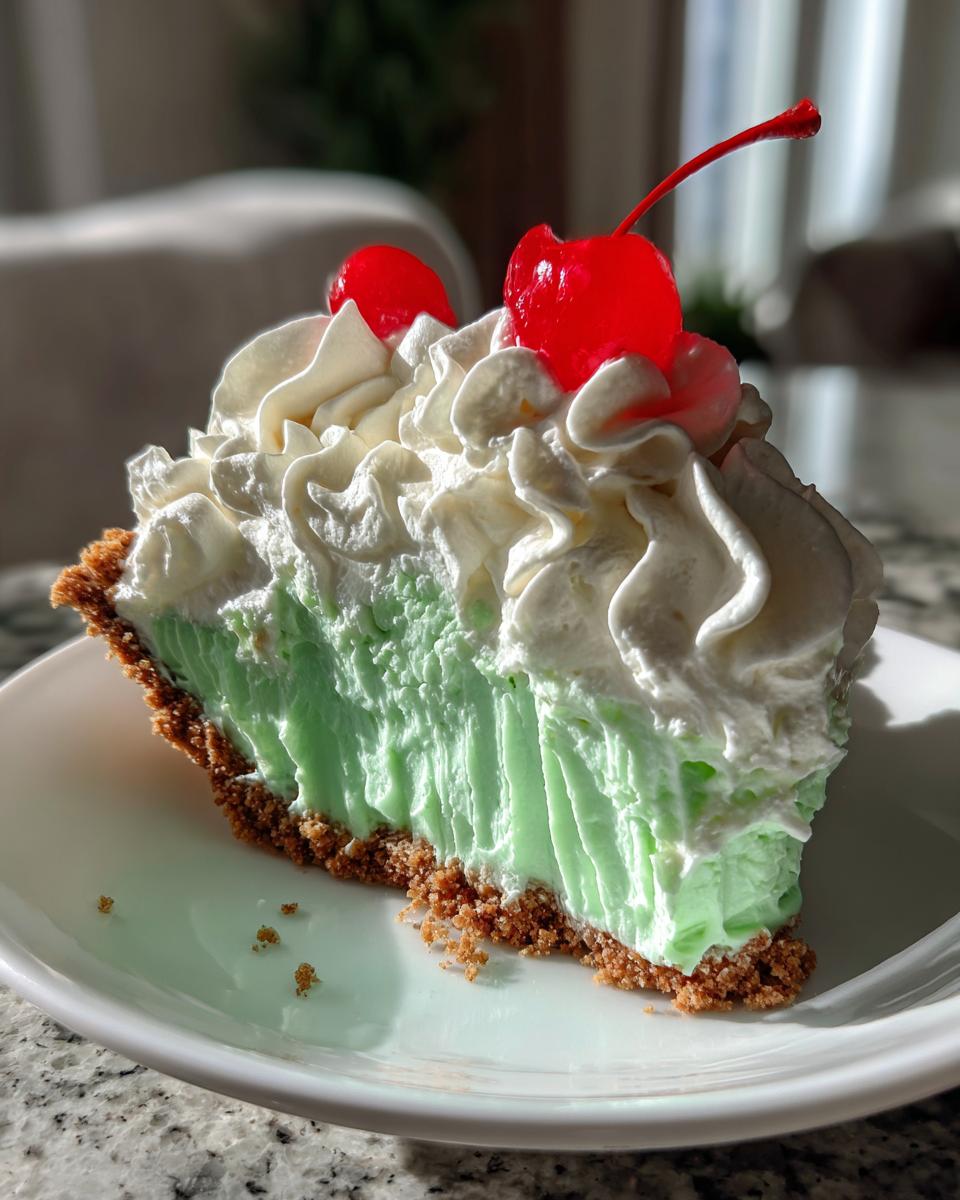 A slice of No-Bake Shamrock Shake Icebox Pie topped with whipped cream and cherries.