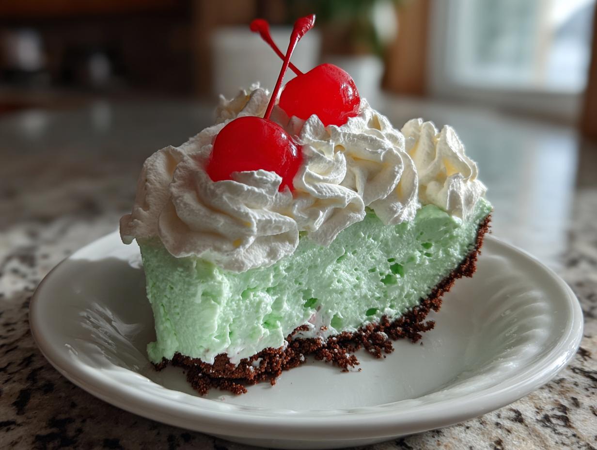 A slice of No-Bake Shamrock Shake Icebox Pie on a white plate, topped with whipped cream and cherries.