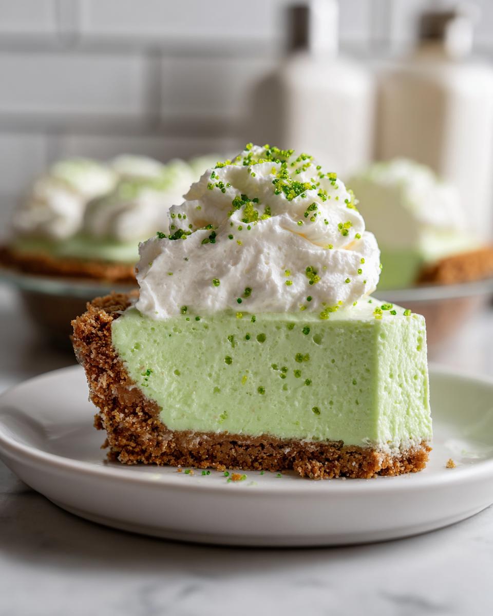 Close-up of a slice of No Bake Shamrock Shake Pie on a white plate, topped with whipped cream.