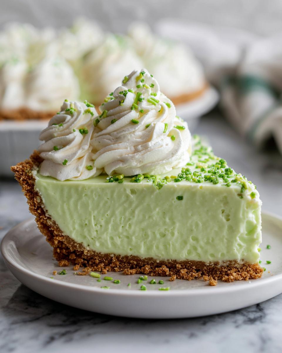A slice of No Bake Shamrock Shake Pie on a plate, topped with whipped cream and sprinkles.