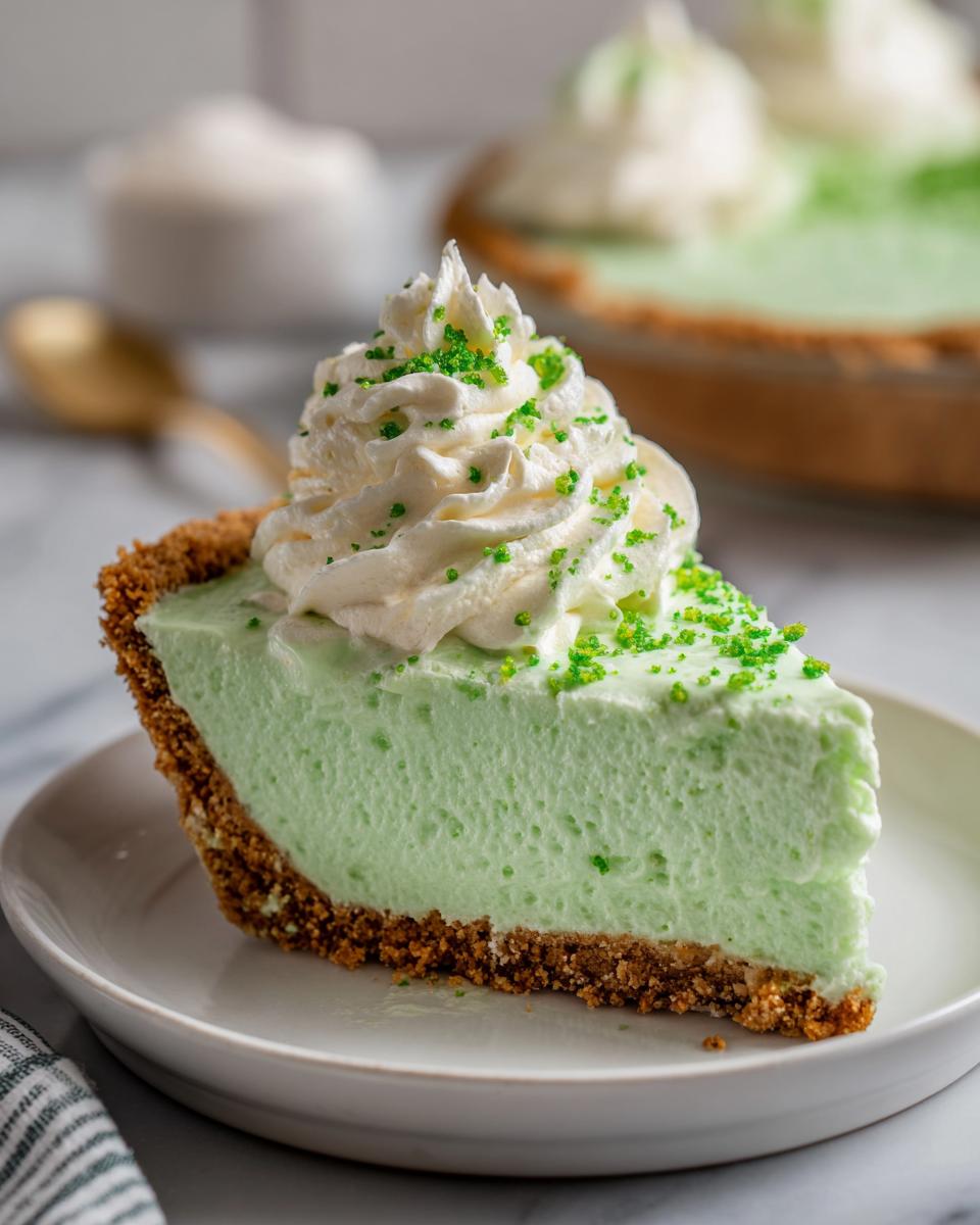 A slice of No Bake Shamrock Shake Pie with whipped cream and green sprinkles on a white plate.