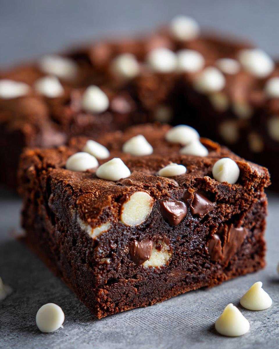 Close-up of a slice of One-Bowl Triple Chocolate Fudge Sheet Cake with chocolate chips.