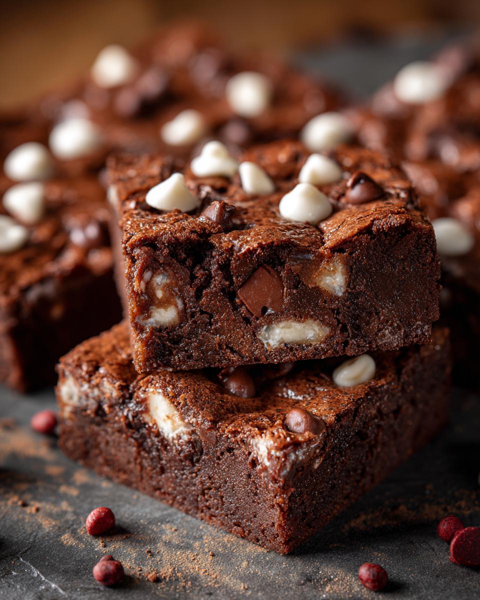 Close-up of stacked slices of One-Bowl Triple Chocolate Fudge Sheet Cake with chocolate chips.